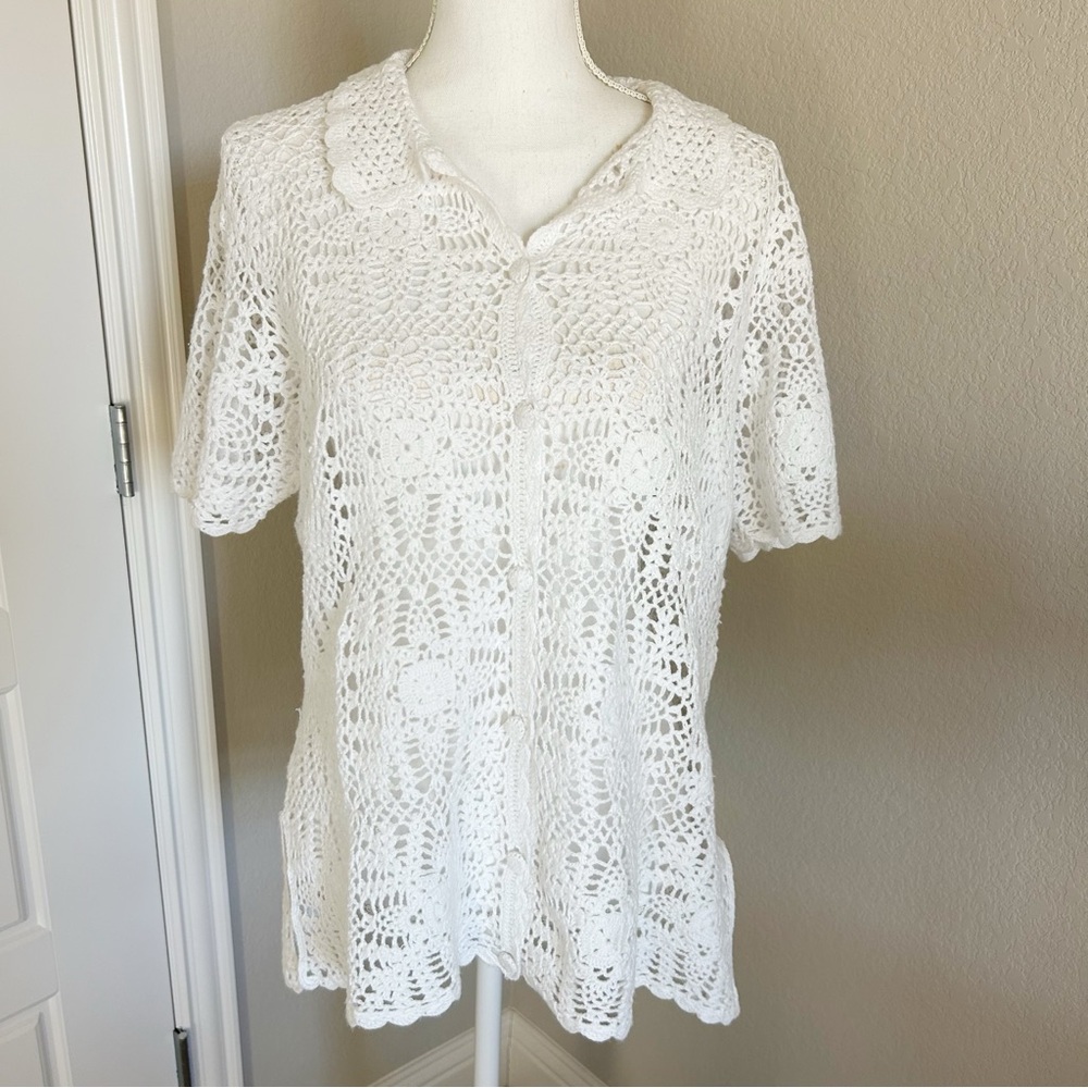 New Hot Cotton White Hand Crochet Lace Button Up Collared Blouse Top